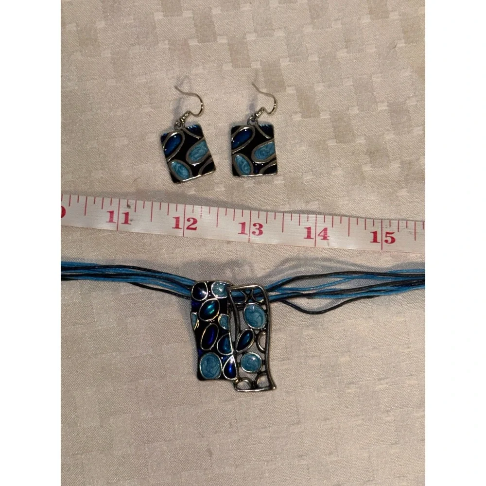 JJRPK Blue & Black Enamel Geometric Pattern Pendant Necklace & Earring Set New